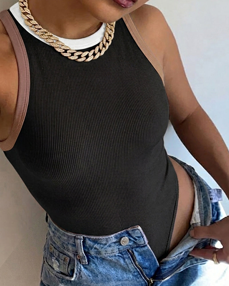 Women's Macaron Contrast Binding Bodysuit Ribbed Knit Sleeveless Slim Fit Bodysuit - Image 24