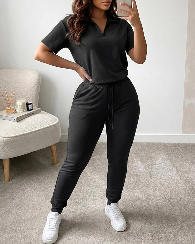 Women's 2-Piece Sporty Set Short Sleeve Half Zip Top and High Waisted Joggers Casual Lounge Outfit with Pockets - Image 6