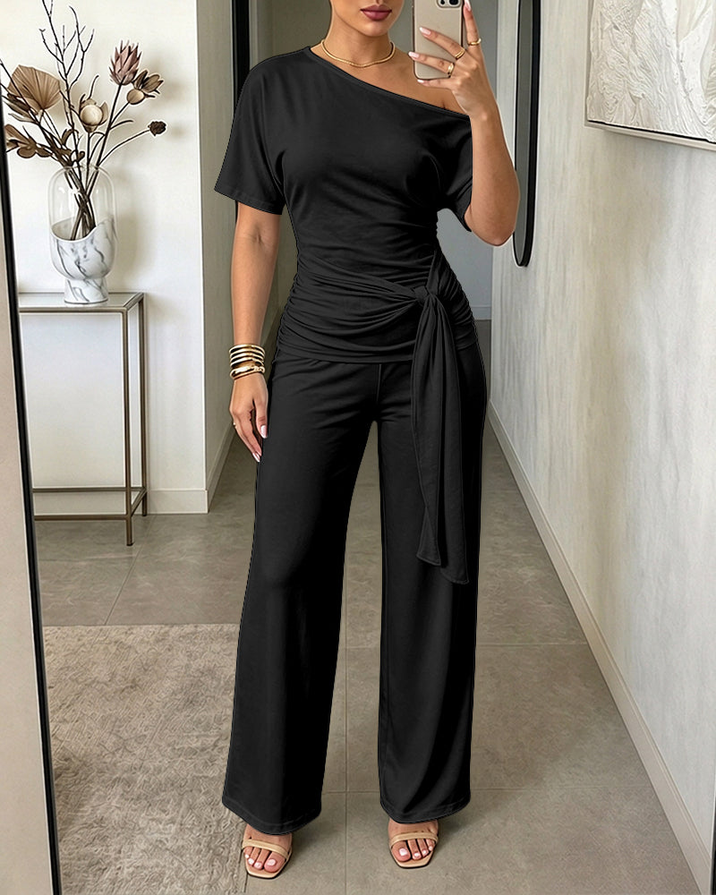 Women's Skew Neck 2 Piece Outfits Ruched Tie Waist Short Sleeve Top and High Waisted Wide Leg Pants Lounge Set - Image 9