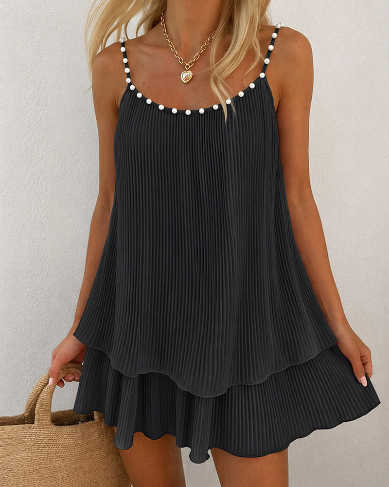Women's Pearls Embellished Straps Mini Dress Backless Pleated Dress Casual Double Layer Lettuce Trim Cami Sun Dress - Image 13