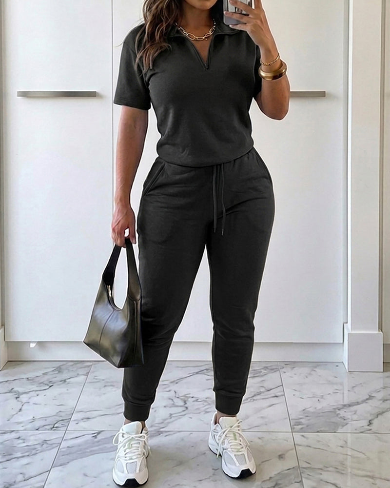 Women's 2-Piece Sporty Set Short Sleeve Half Zip Top and High Waisted Joggers Casual Lounge Outfit with Pockets - Image 9