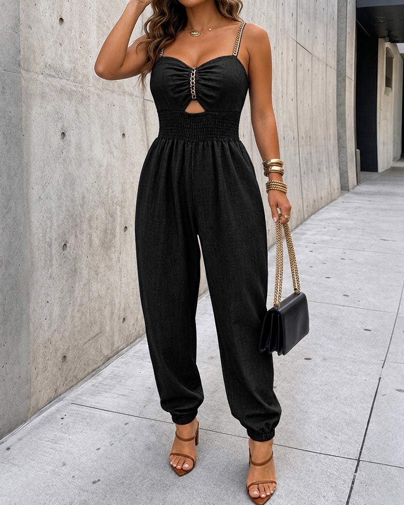 Women's Chain Decor Straps Jumpsuit Hollow Out Shirred Waist Overalls Casual Jogger Jumpsuit with Pockets - Image 11