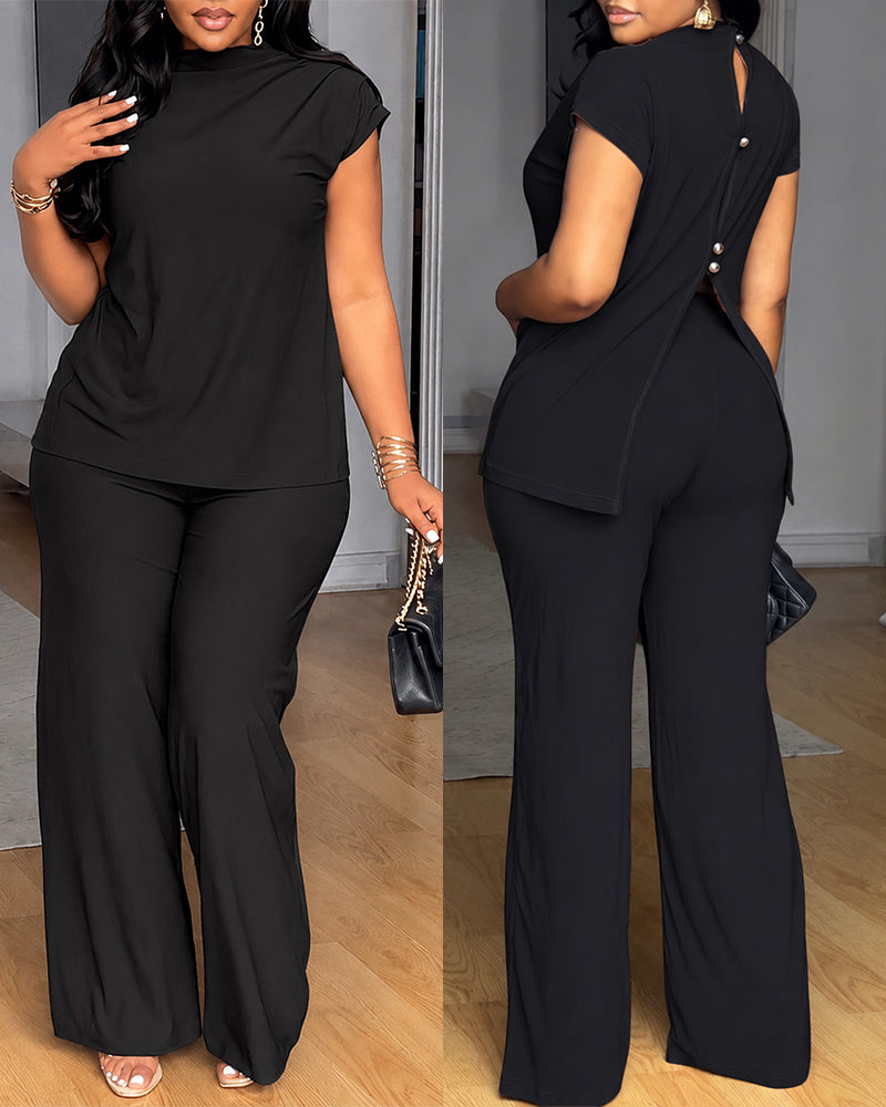 Women's 2 Piece Set Mock Neck Ruched Open Back Button Slit Top and Wide Leg Pants Casual Outfits with Pockets - Image 7