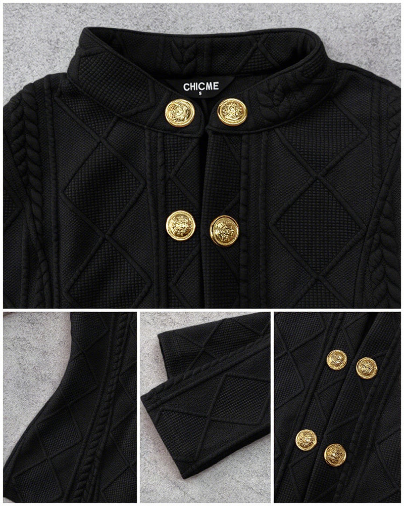 Metal Double Breasted Decor Stand Collar Argyle & Cable Textured Coat - Image 10
