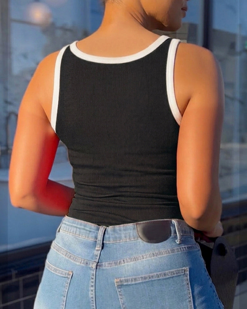Women's Contrast Binding Camisole Rib-Knit Slim Fit Tank Top Sexy Cami with Metal Buckle Straps - Image 2