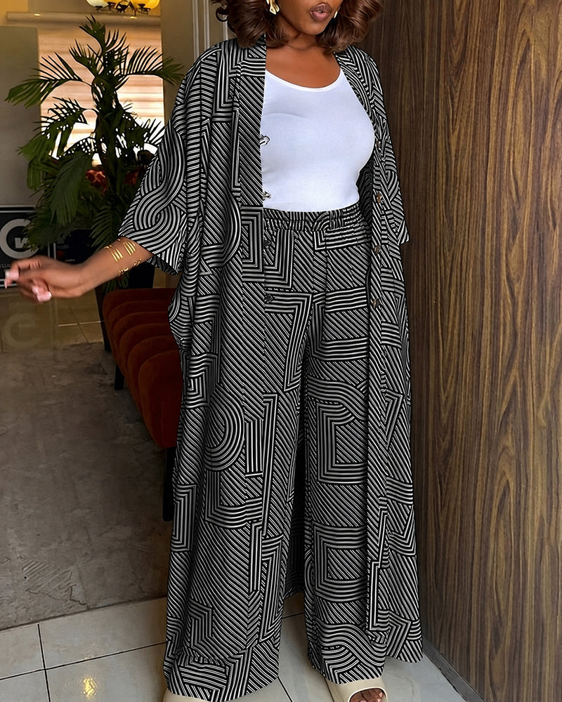 Women's Geometric Print 2 Piece Outfits Batwing Sleeve Loose Longline Coat and High Waisted Wide Leg Pants Set - Image 11