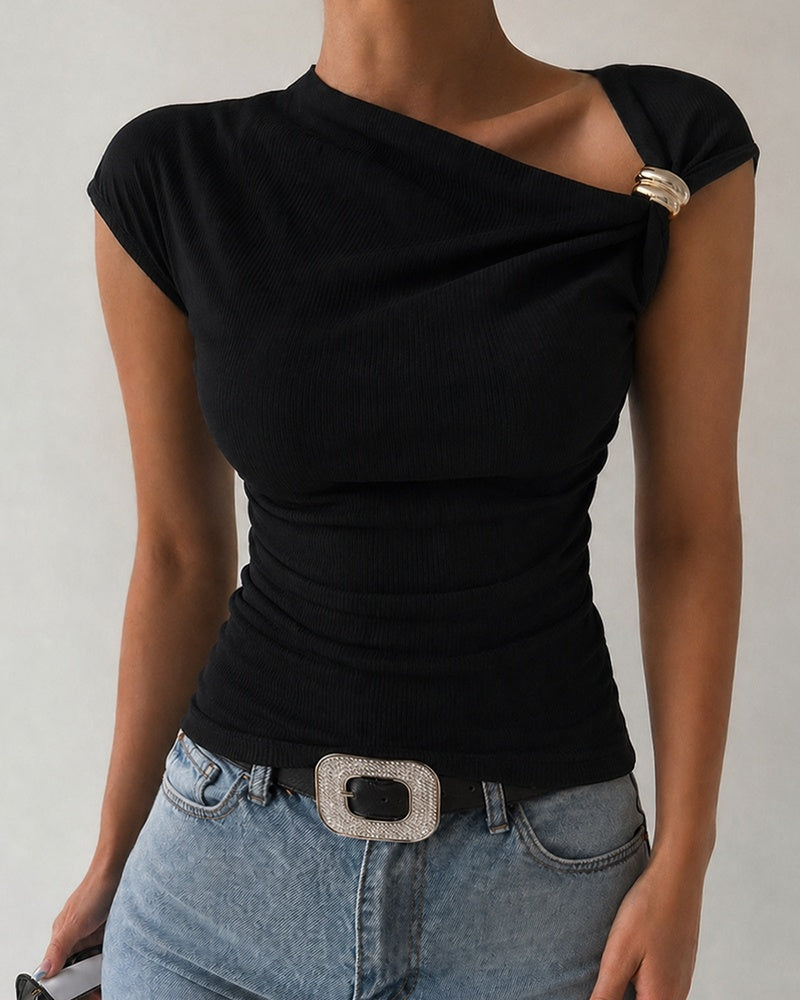 CHICME Women's Skew Neck Ruched Top Asymmetric Neckline Short Sleeve Knit Blouse with Gold Buckle Detail - Image 4