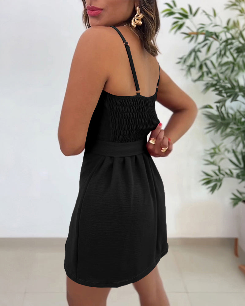 Square Neck Adjustable Spaghetti Straps Shirred Back Side Slit Romper Casual Cinched Waist Cami Skorts Romper with Belt - Image 6