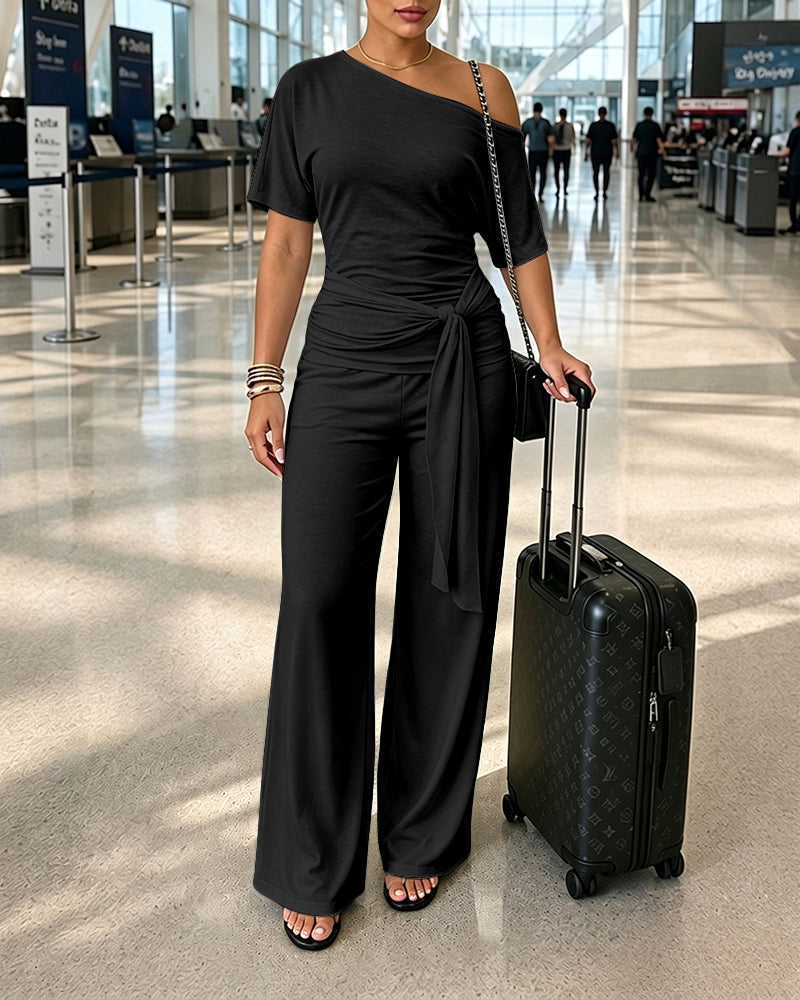 Women's Skew Neck 2 Piece Outfits Ruched Tie Waist Short Sleeve Top and High Waisted Wide Leg Pants Lounge Set - Image 17