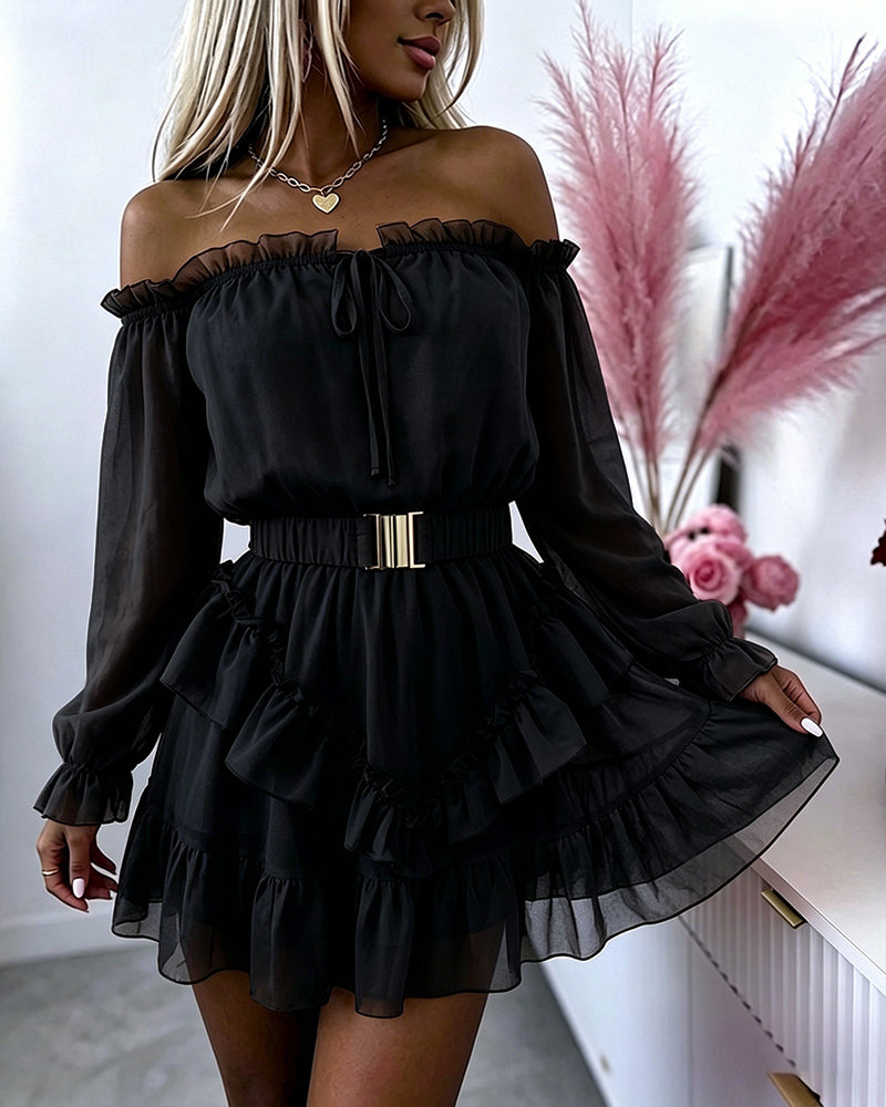 Women's Off Shoulder Frill Trim Mini A Line Dress Flowy Chiffon Ruffle Hem Party Dress with Belt & Built-In Shorts - Image 13