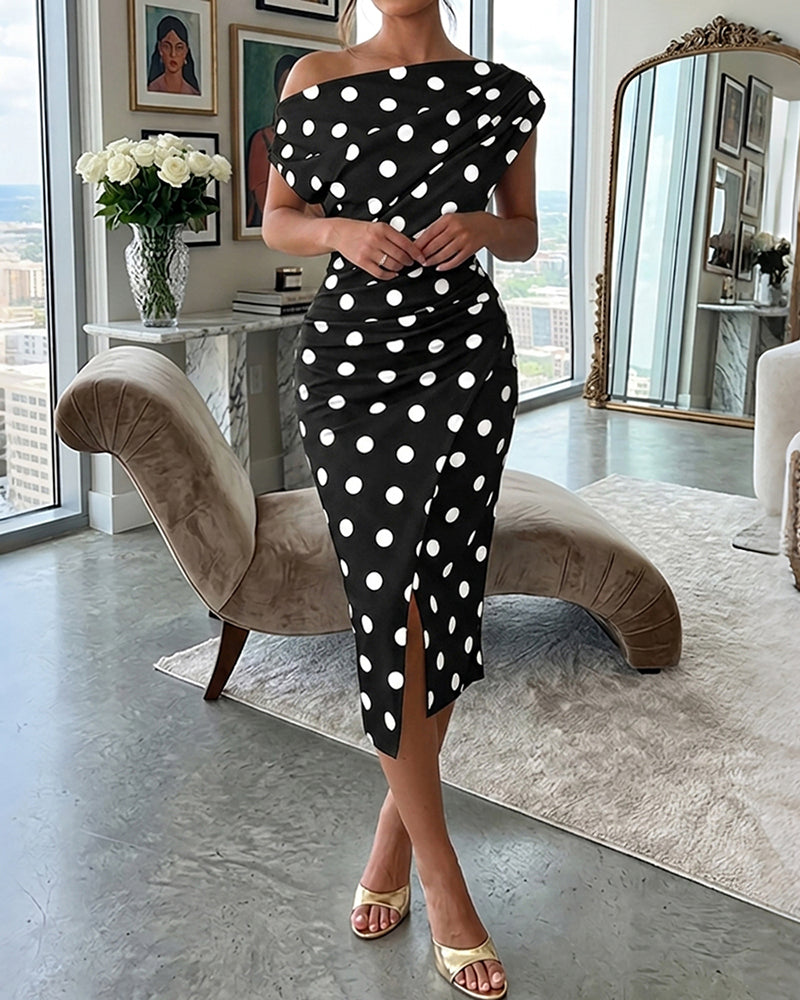 Polka Dot Print Skew Neck Ruched Mid-length Dress Elegant Wrapped Slit Dress - Image 13