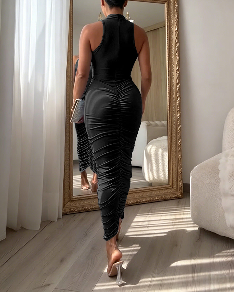 Women's Mock Neck Sleeveless Ruched Bodycon Dress Sexy Racerback Slit Slim Fit Party Dress - Image 14