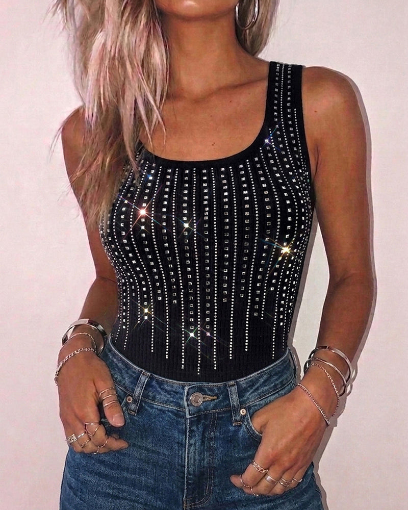 Rhinestone Decor U-Neck Sleeveless Tee Slim Fit Backless Ribbed Tank Top - Image 3