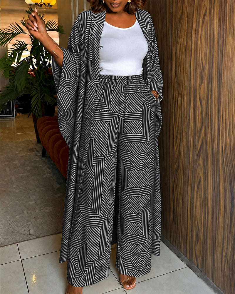 Women's Geometric Print 2 Piece Outfits Batwing Sleeve Loose Longline Coat and High Waisted Wide Leg Pants Set - Image 9