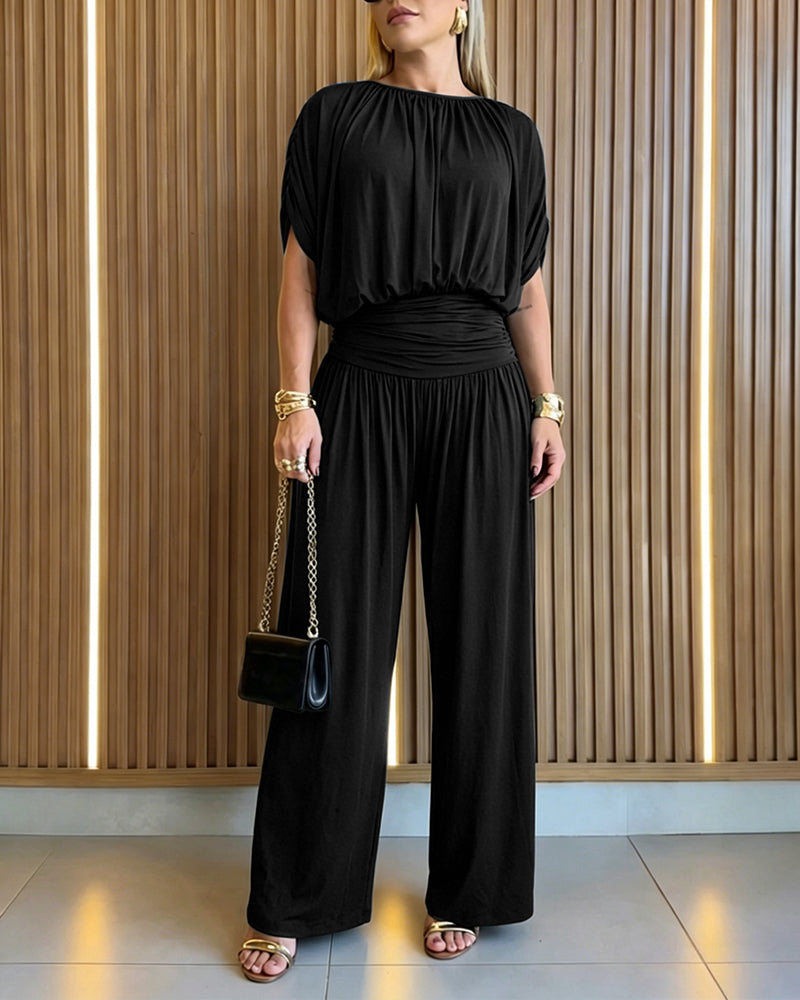 Women's Batwing Sleeve Jumpsuit High Waisted Ruched Wide Leg Overalls Elegant One Piece Outfit - Image 6