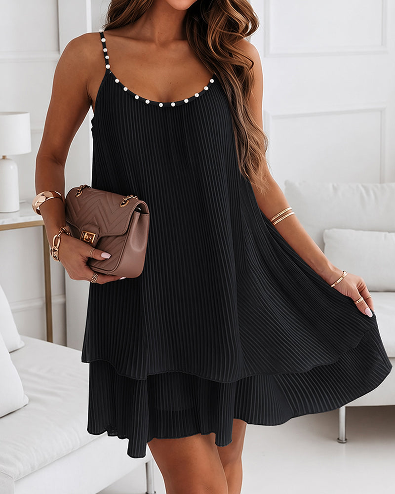 Women's Pearls Embellished Straps Mini Dress Backless Pleated Dress Casual Double Layer Lettuce Trim Cami Sun Dress - Image 10