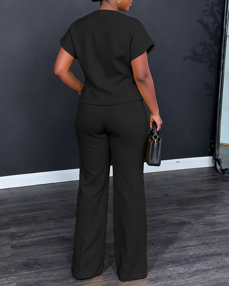 Women's 2 Piece Outfits Short Sleeve Button Down Top and Straight Leg Pants Set Casual Commuter Suits - Image 9