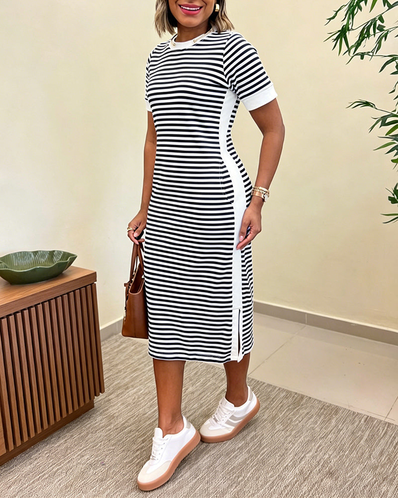 Women's Striped Colorblock Midi T-Shirt Dress Casual Crew Neck Waist-Cinching Slit Dress with Pockets - Image 13