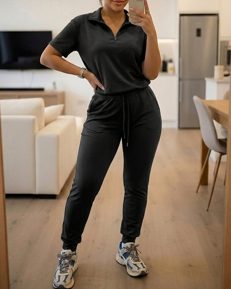 Women's 2-Piece Sporty Set Short Sleeve Half Zip Top and High Waisted Joggers Casual Lounge Outfit with Pockets - Image 10