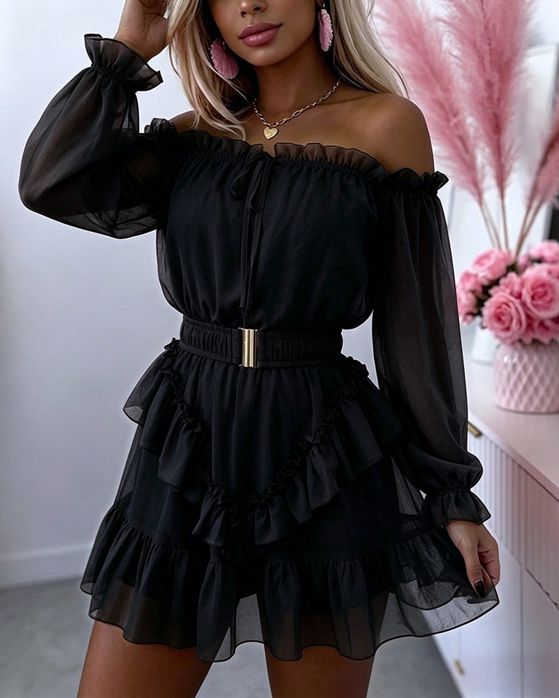 Women's Off Shoulder Frill Trim Mini A Line Dress Flowy Chiffon Ruffle Hem Party Dress with Belt & Built-In Shorts - Image 11