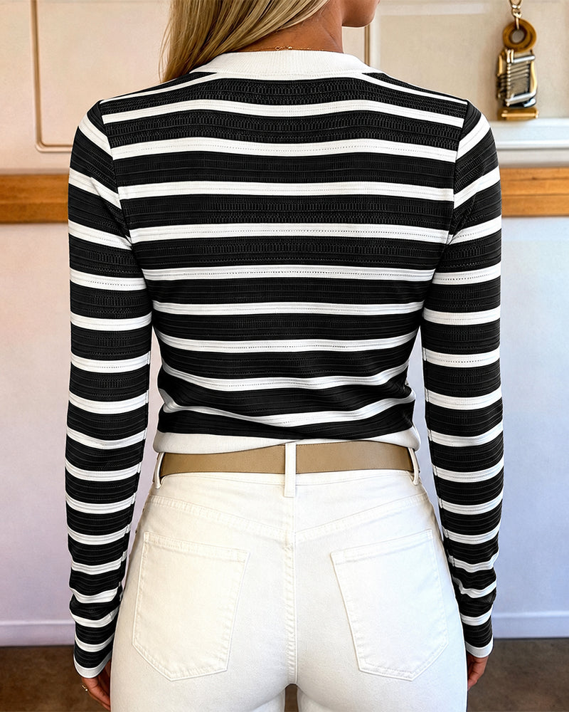 Women's Striped Knit Top Gold Button Long Sleeve Pullover Crewneck Slim Fit Knitwear Contrast Binding Sweater - Image 9