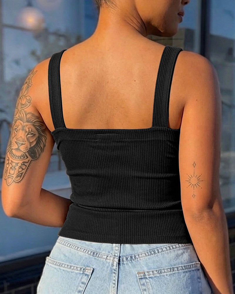 Women's Ribbed Knit Tank Top Square Neck Slim Fit Cami Top Adjustable Eyelet Strap Backless Top - Image 21