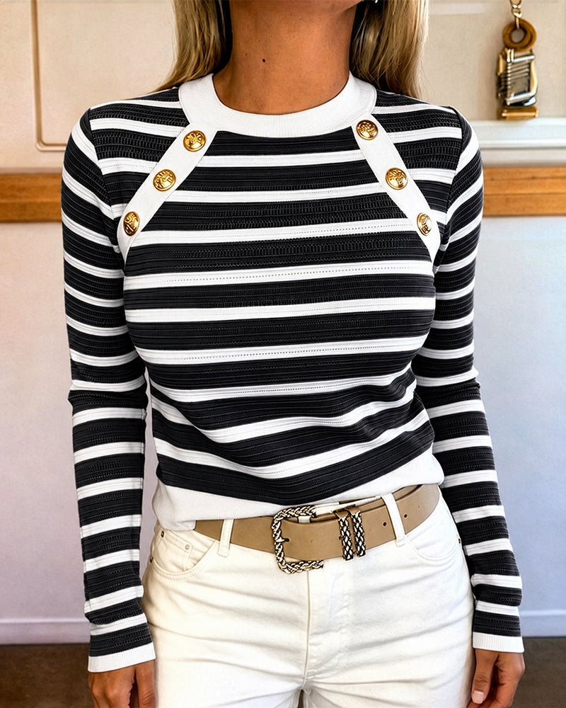 Women's Striped Knit Top Gold Button Long Sleeve Pullover Crewneck Slim Fit Knitwear Contrast Binding Sweater - Image 12