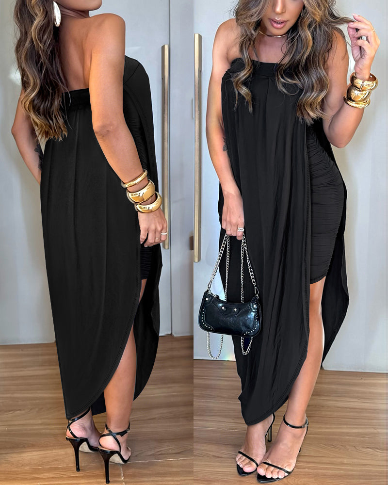 Women's Faux Two-Piece Dress Strapless Tube Dress Ruched Asymmetric Hem Dress with Detachable Clear Straps - Image 6
