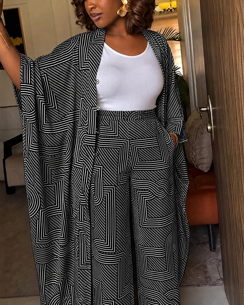 Women's Geometric Print 2 Piece Outfits Batwing Sleeve Loose Longline Coat and High Waisted Wide Leg Pants Set - Image 12