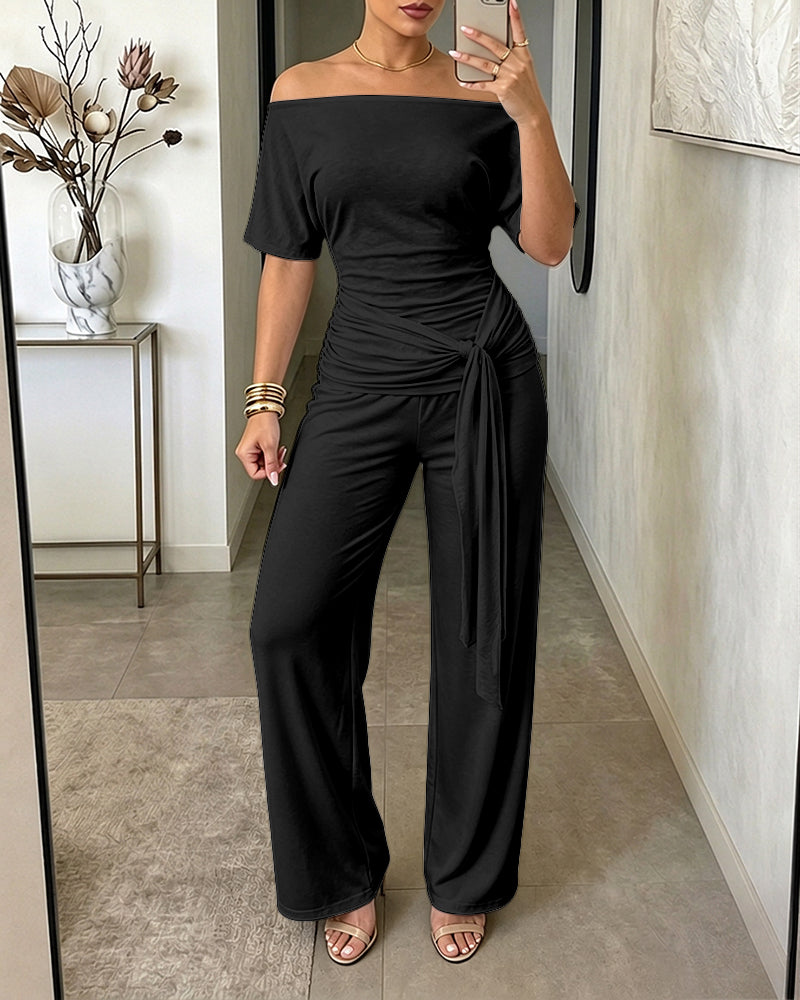 Women's Skew Neck 2 Piece Outfits Ruched Tie Waist Short Sleeve Top and High Waisted Wide Leg Pants Lounge Set - Image 19