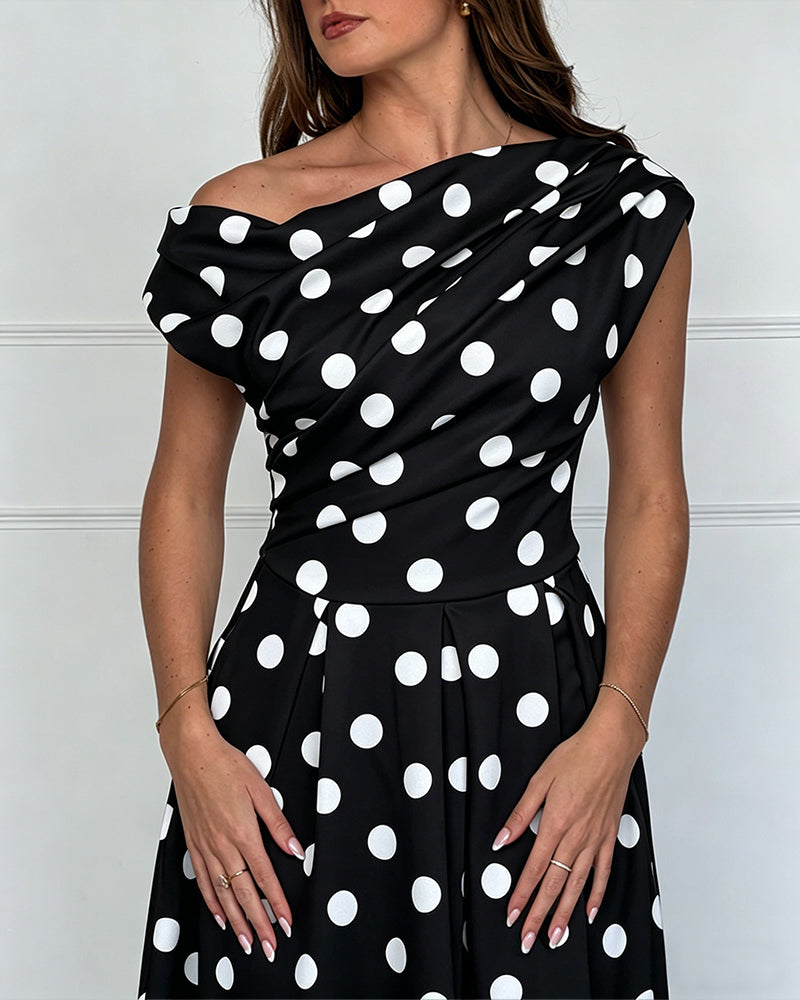 Women's Skew Neck Polka Dot Maxi Dress Ruched A-Line Swing Dress Elegant Party Cocktail Dress with Pockets - Image 13