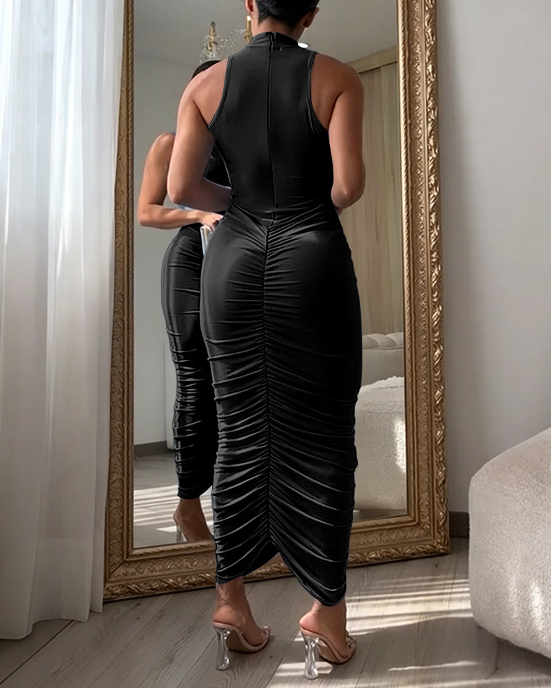 Women's Mock Neck Sleeveless Ruched Bodycon Dress Sexy Racerback Slit Slim Fit Party Dress - Image 17