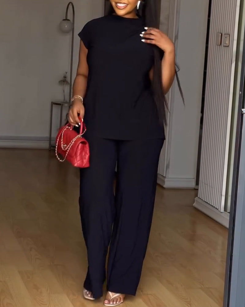 Women's 2 Piece Set Mock Neck Ruched Open Back Button Slit Top and Wide Leg Pants Casual Outfits with Pockets - Image 11