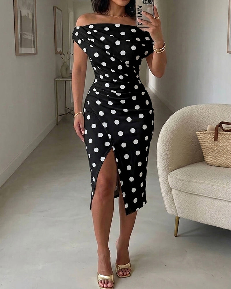 Polka Dot Print Skew Neck Ruched Mid-length Dress Elegant Wrapped Slit Dress - Image 14