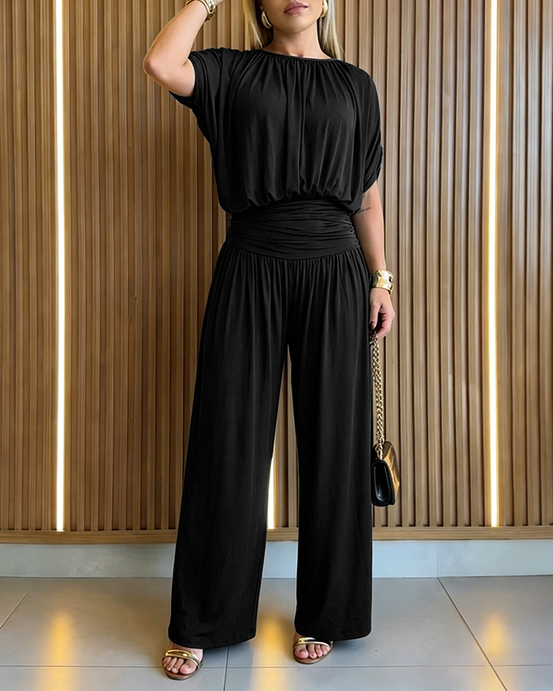 Women's Batwing Sleeve Jumpsuit High Waisted Ruched Wide Leg Overalls Elegant One Piece Outfit - Image 10