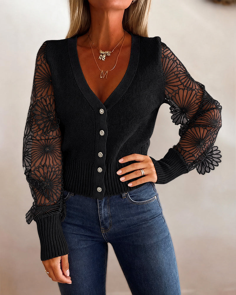 Women's Mesh Long Sleeve Cardigan Embroidered V Neck Knit Sweater Rhinestone Button Ribbed Slim Fit Casual Coat - Image 12