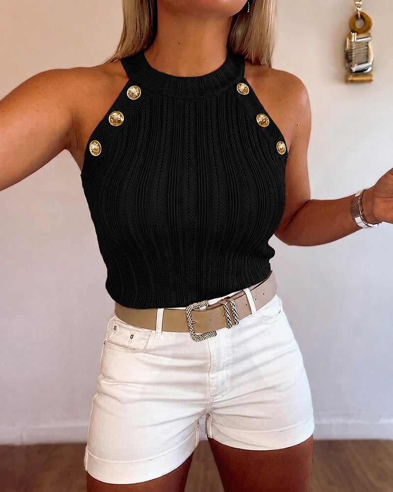 Women's Halter Neck Knit Tank Top Gold Button Cable Knit Vest Sleeveless Slim Fit Ribbed Top - Image 11