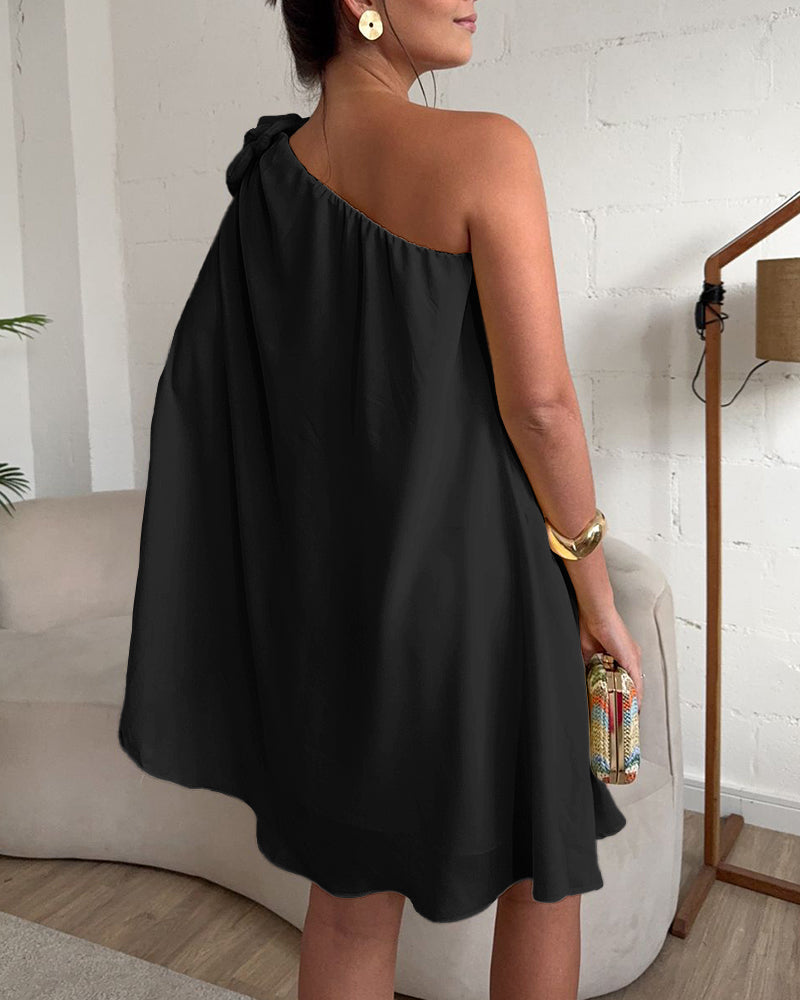 3D Flower Decor One Shoulder Sleeveless Mini Dress Casual A Line Vacation Dress - Image 9