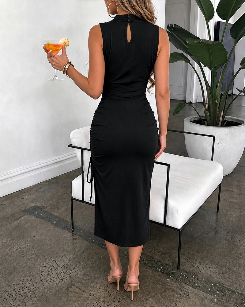 Women's Mock Neck Ruched Midi Dress Sleeveless Side Slit Drawstring Vacation Dress Slim Fit Party Dress - Image 9
