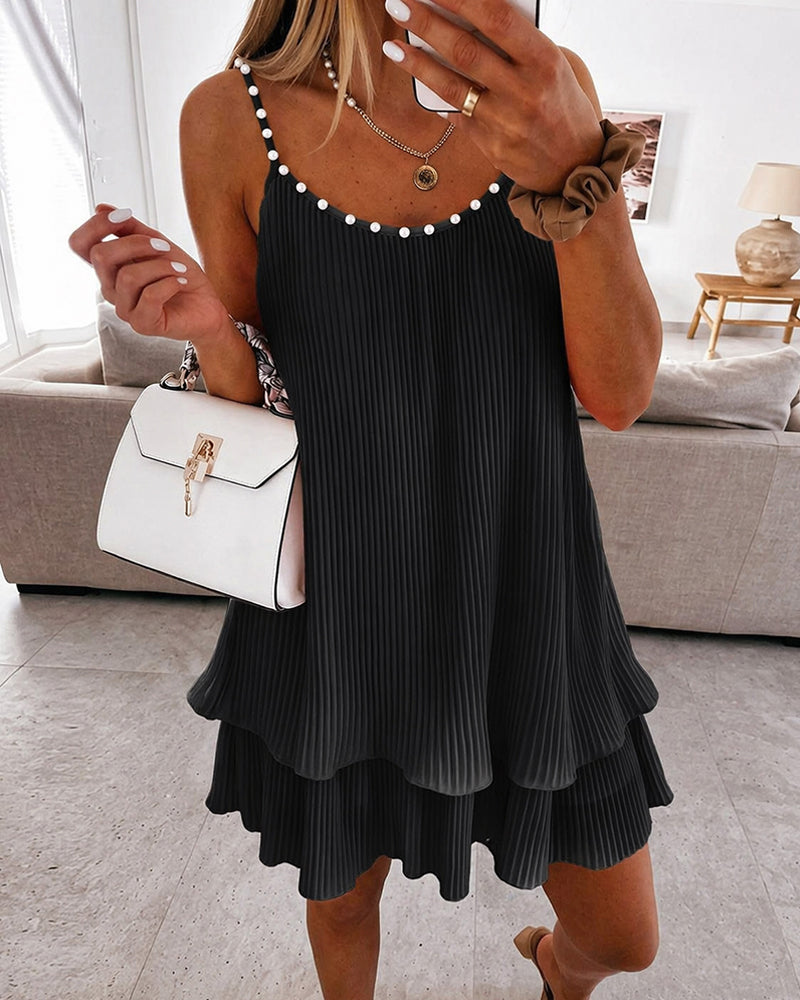 Women's Pearls Embellished Straps Mini Dress Backless Pleated Dress Casual Double Layer Lettuce Trim Cami Sun Dress - Image 14