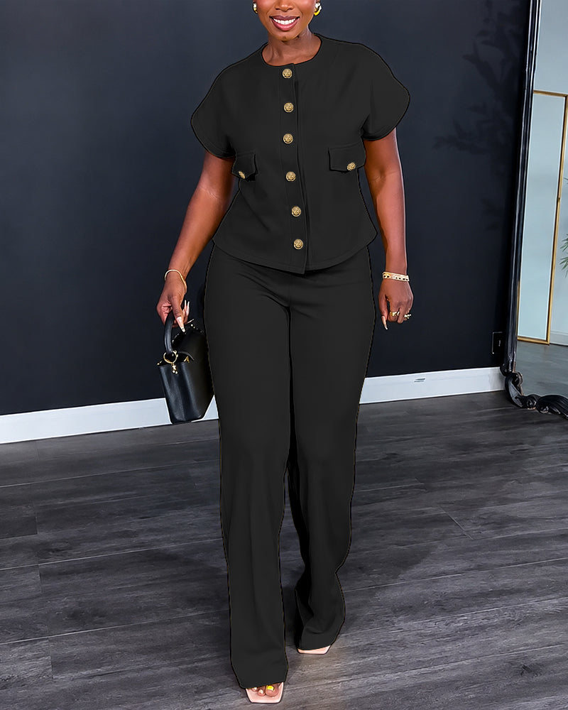 Women's 2 Piece Outfits Short Sleeve Button Down Top and Straight Leg Pants Set Casual Commuter Suits - Image 13