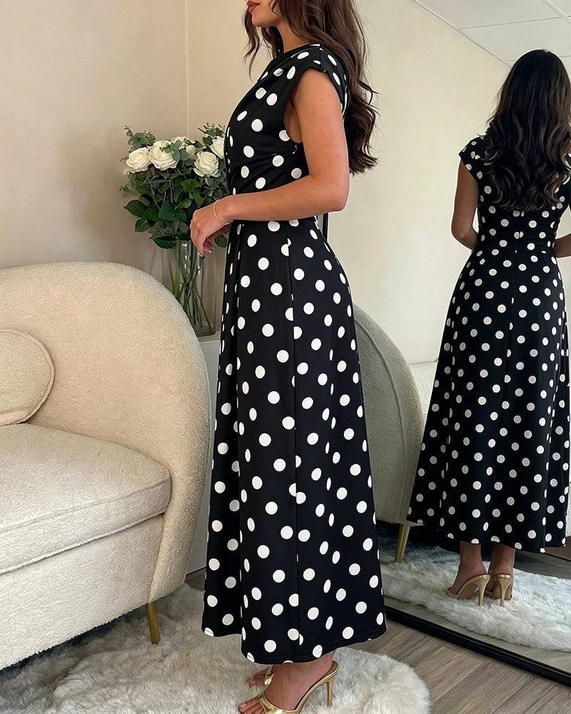 Women's Skew Neck Polka Dot Maxi Dress Ruched A-Line Swing Dress Elegant Party Cocktail Dress with Pockets - Image 10