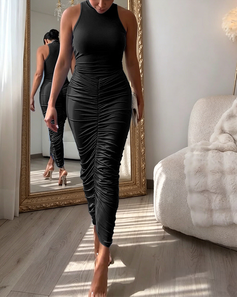 Women's Mock Neck Sleeveless Ruched Bodycon Dress Sexy Racerback Slit Slim Fit Party Dress - Image 16