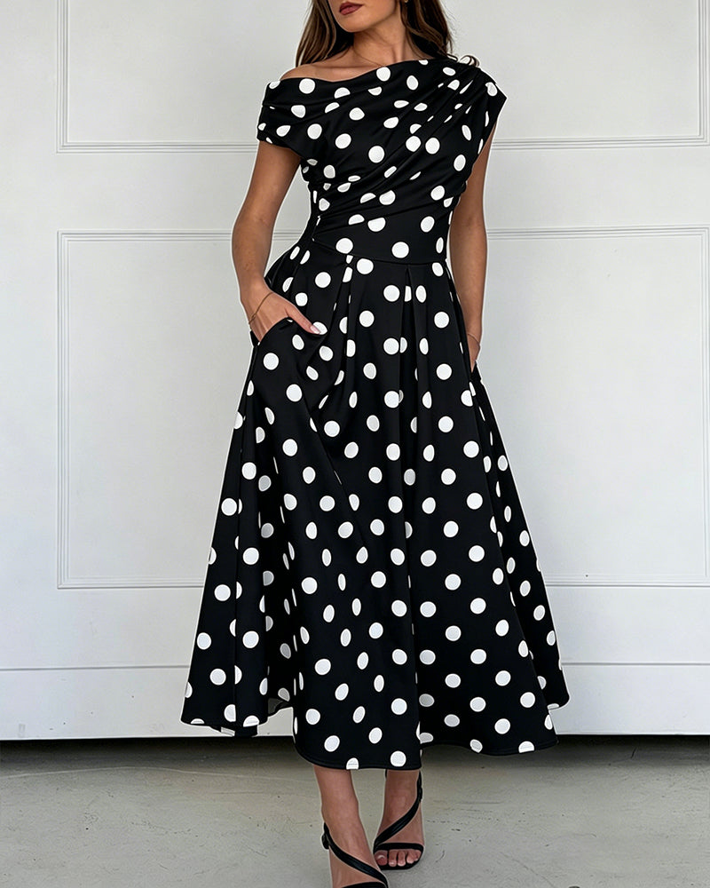 Women's Skew Neck Polka Dot Maxi Dress Ruched A-Line Swing Dress Elegant Party Cocktail Dress with Pockets - Image 12