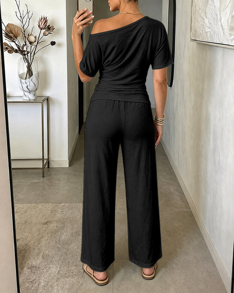 Women's Skew Neck 2 Piece Outfits Ruched Tie Waist Short Sleeve Top and High Waisted Wide Leg Pants Lounge Set - Image 13