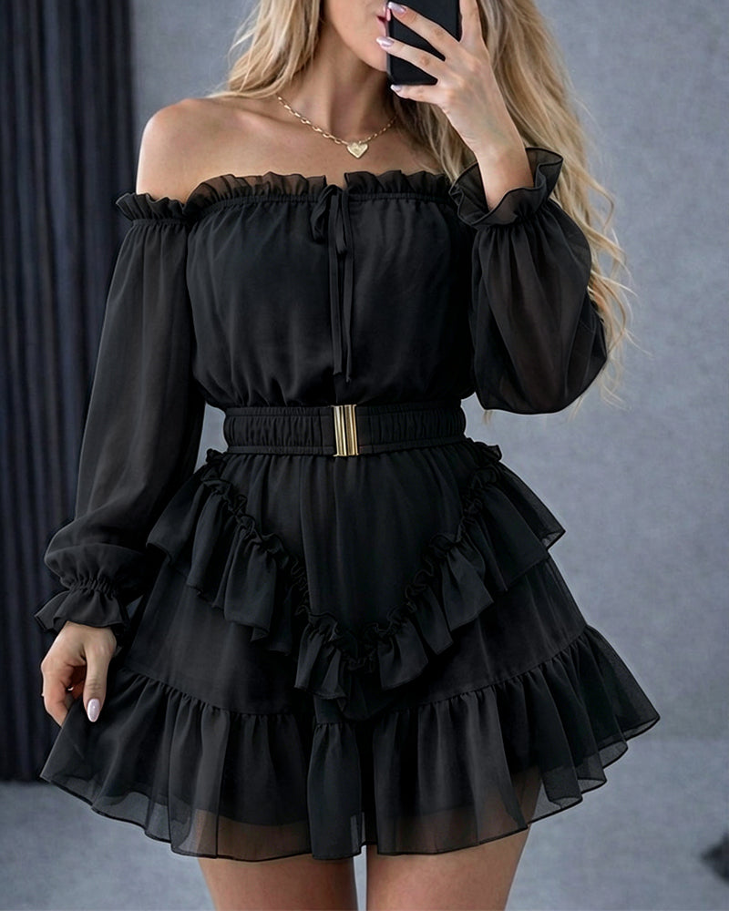 Women's Off Shoulder Frill Trim Mini A Line Dress Flowy Chiffon Ruffle Hem Party Dress with Belt & Built-In Shorts - Image 8
