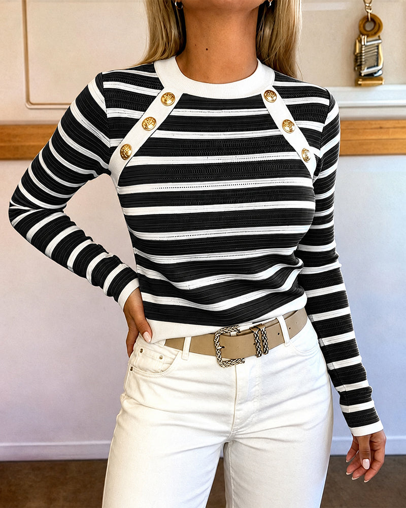 Women's Striped Knit Top Gold Button Long Sleeve Pullover Crewneck Slim Fit Knitwear Contrast Binding Sweater - Image 14