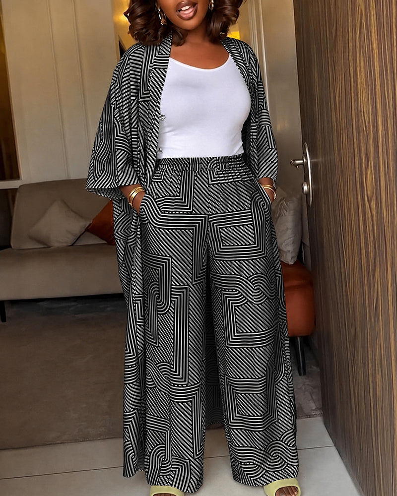 Women's Geometric Print 2 Piece Outfits Batwing Sleeve Loose Longline Coat and High Waisted Wide Leg Pants Set - Image 13