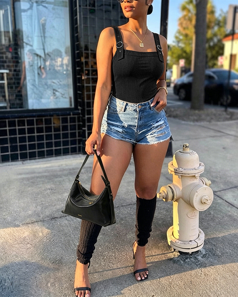 Women's Ribbed Knit Tank Top Square Neck Slim Fit Cami Top Adjustable Eyelet Strap Backless Top - Image 26