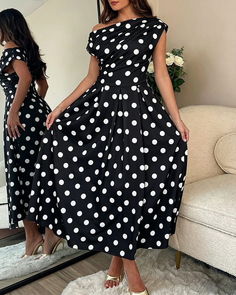 Women's Skew Neck Polka Dot Maxi Dress Ruched A-Line Swing Dress Elegant Party Cocktail Dress with Pockets - Image 11